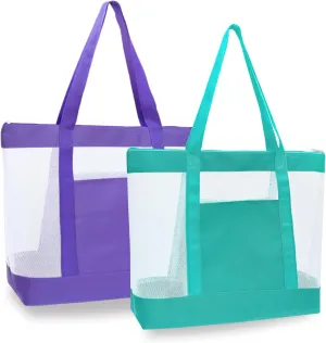2Pack Lightweight Mesh Tote Bag,Sandproof Beach Bags with Zipper &Double Pocket For Groceries,Poolside,Travel,Towels