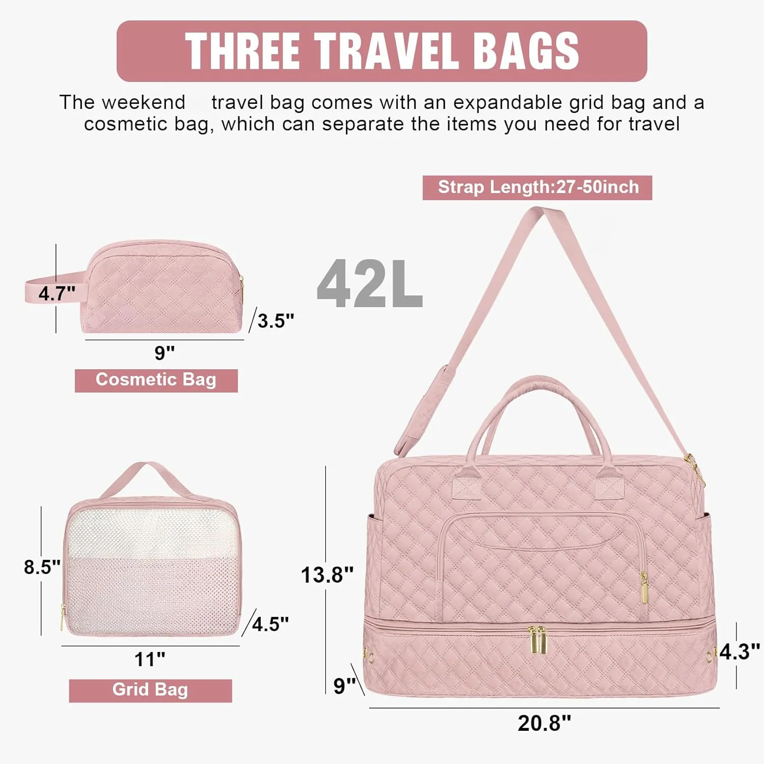 3 Pack Pink Travel Duffle Bag, Weekend Bags for Women with Shoe Compartment, Large Toiletry Personal Item Travel Carry on Bags with Wet Pocket, Gym Overnight Hospital Bag for Delivery Business Pink