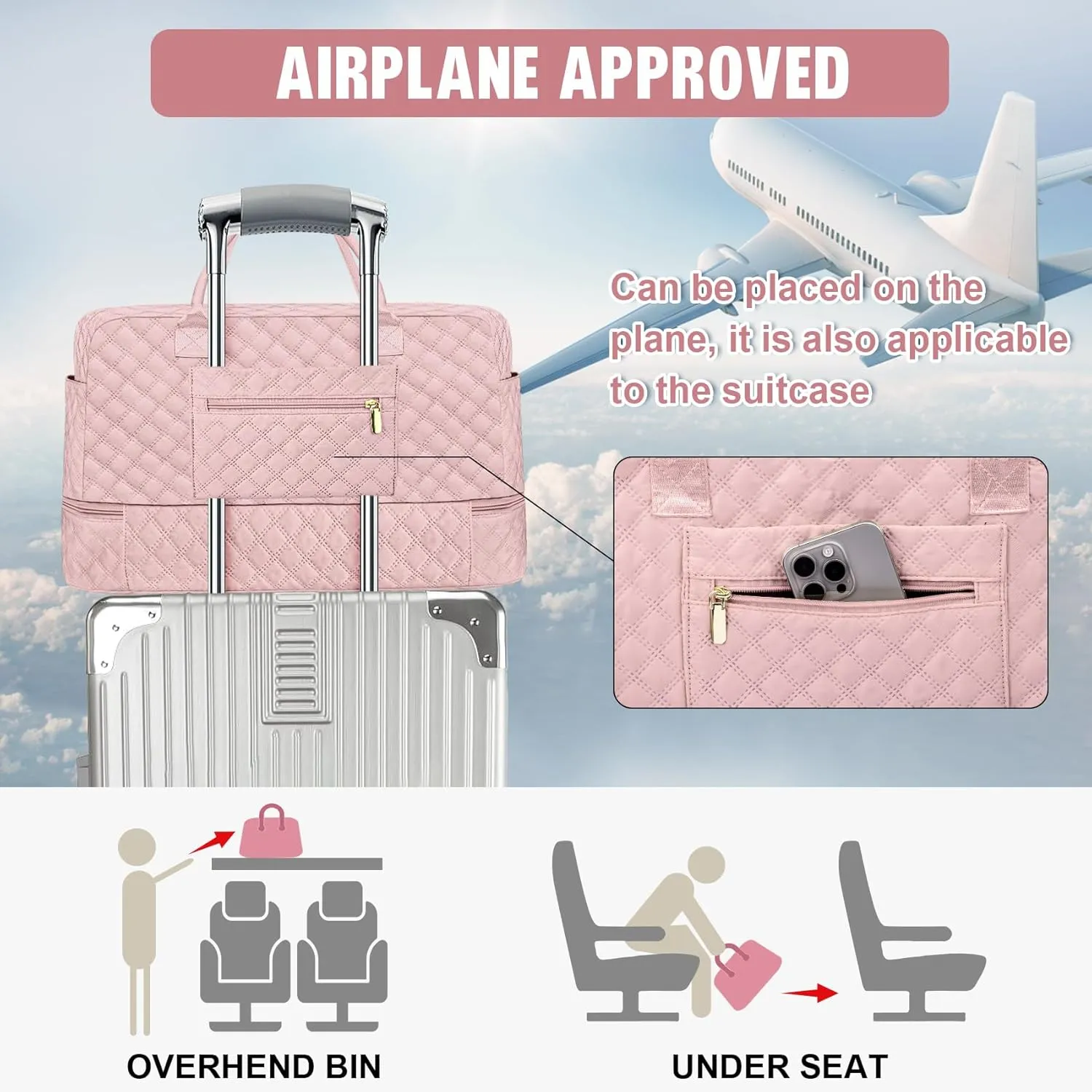 3 Pack Pink Travel Duffle Bag, Weekend Bags for Women with Shoe Compartment, Large Toiletry Personal Item Travel Carry on Bags with Wet Pocket, Gym Overnight Hospital Bag for Delivery Business Pink