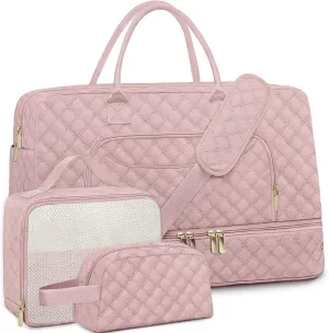 3 Pack Pink Travel Duffle Bag, Weekend Bags for Women with Shoe Compartment, Large Toiletry Personal Item Travel Carry on Bags with Wet Pocket, Gym Overnight Hospital Bag for Delivery Business Pink