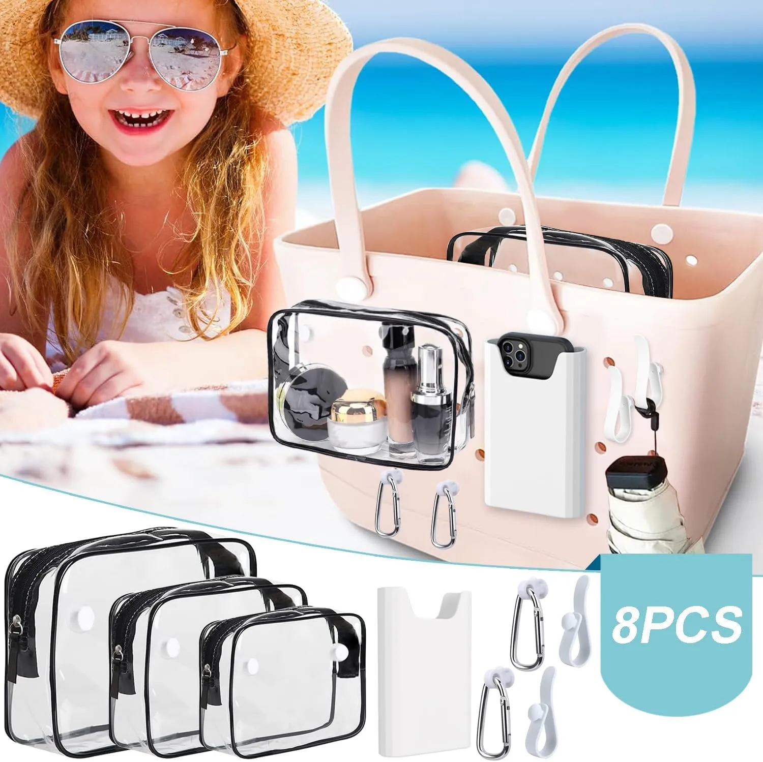 3 Pcs Clear Bogg Beach Tote Bag with 4 Pcs Insert Hooks and 1 Phone Holder Accessories for Bogg Bags Travel Makeup Clean Toiletry Brush Organizer Cosmetic Divider Storage Inner Pouch (White set of 4)