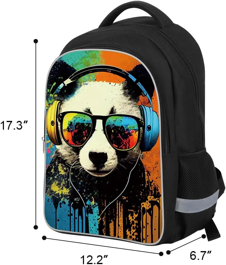 3 Pcs Kids Backpack, 3D Reflective Cartoon, 600D Polyester & Dual Zippers, 17" Bookbag with Ergonomic Design for boys & girls age 6-18, Panda Space Style for school Children Kids