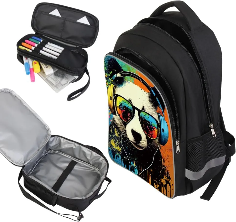 3 Pcs Kids Backpack, 3D Reflective Cartoon, 600D Polyester & Dual Zippers, 17" Bookbag with Ergonomic Design for boys & girls age 6-18, Panda Space Style for school Children Kids