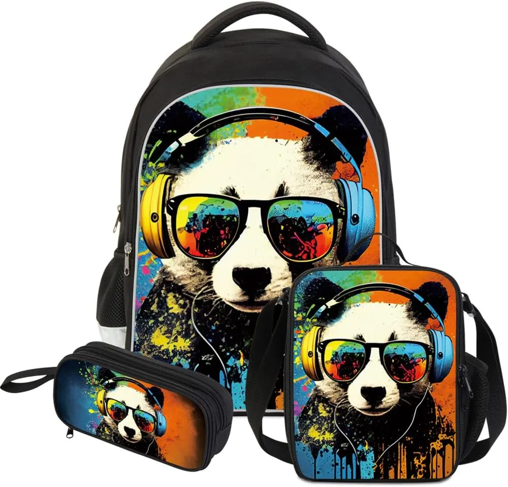 3 Pcs Kids Backpack, 3D Reflective Cartoon, 600D Polyester & Dual Zippers, 17" Bookbag with Ergonomic Design for boys & girls age 6-18, Panda Space Style for school Children Kids