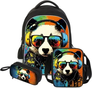3 Pcs Kids Backpack, 3D Reflective Cartoon, 600D Polyester & Dual Zippers, 17" Bookbag with Ergonomic Design for boys & girls age 6-18, Panda Space Style for school Children Kids