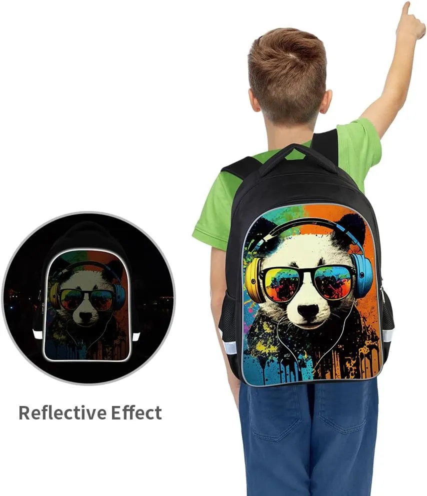 3 Pcs Kids Backpack, 3D Reflective Cartoon, 600D Polyester & Dual Zippers, 17" Bookbag with Ergonomic Design for boys & girls age 6-18, Panda Space Style for school Children Kids
