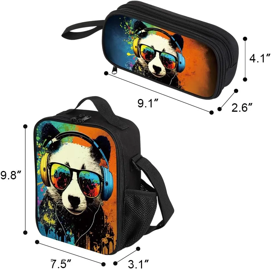 3 Pcs Kids Backpack, 3D Reflective Cartoon, 600D Polyester & Dual Zippers, 17" Bookbag with Ergonomic Design for boys & girls age 6-18, Panda Space Style for school Children Kids