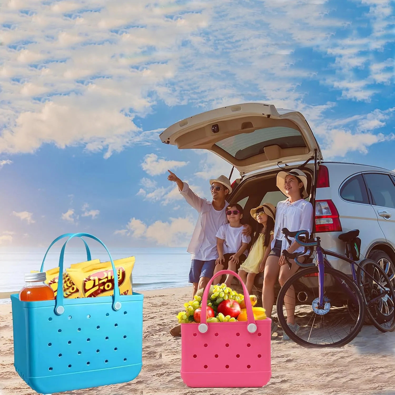 3 Sizes Waterproof Rubber Beach Tote Bag - Large/Medium/Small Waterproof, Sandproof, Washable, Lightweight Travel & Outdoor