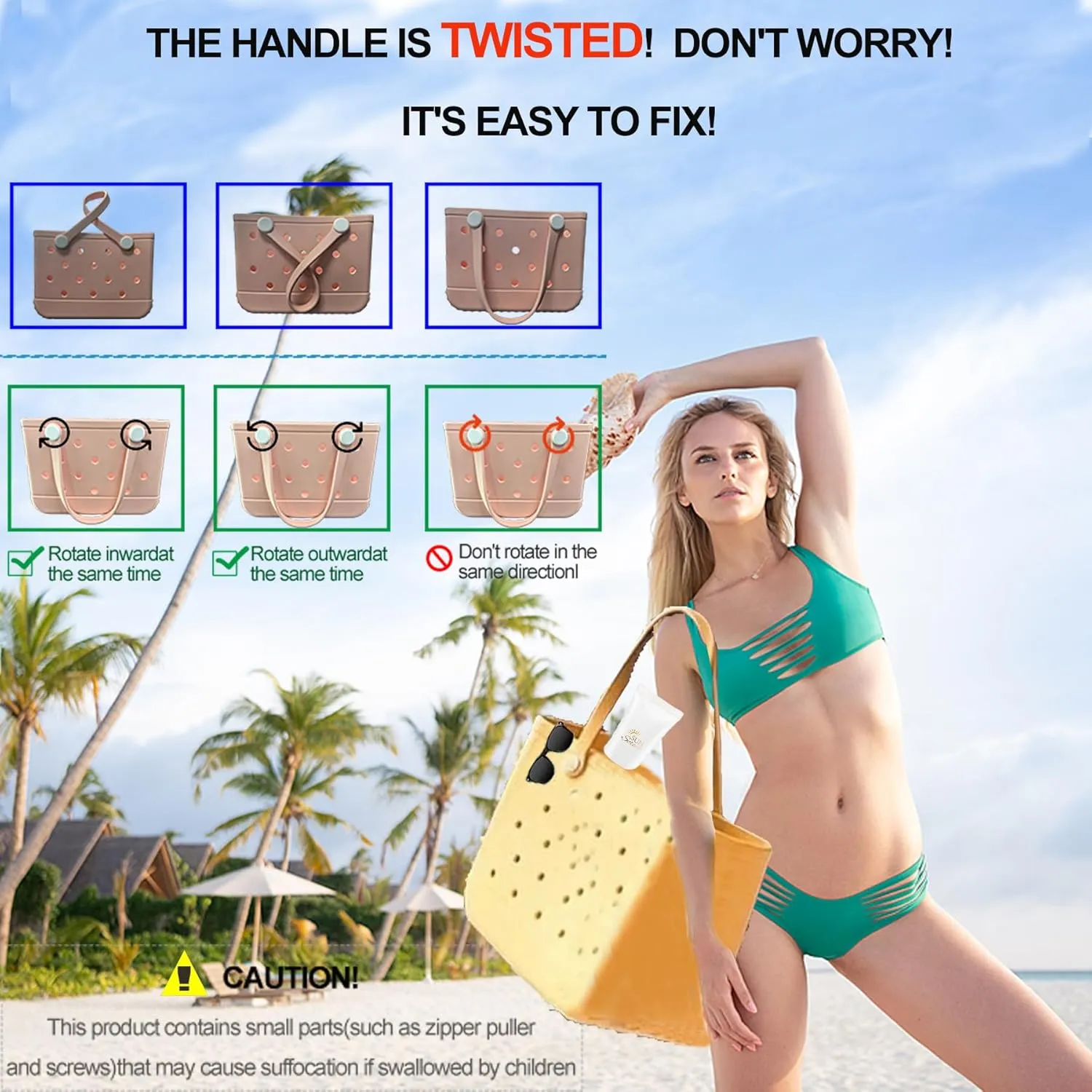 3 Sizes Waterproof Rubber Beach Tote Bag - Large/Medium/Small Waterproof, Sandproof, Washable, Lightweight Travel & Outdoor