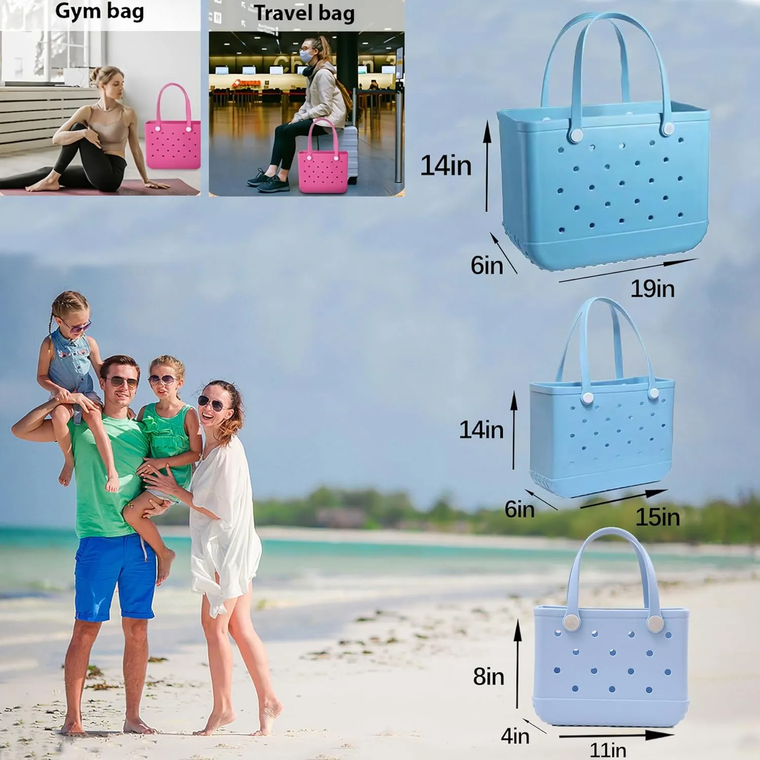 3 Sizes Waterproof Rubber Beach Tote Bag - Large/Medium/Small Waterproof, Sandproof, Washable, Lightweight Travel & Outdoor