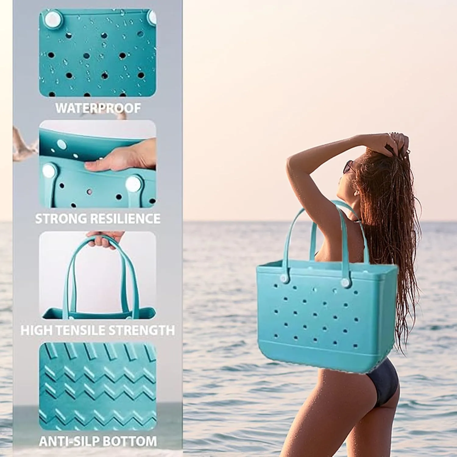 3 Sizes Waterproof Rubber Beach Tote Bag - Large/Medium/Small Waterproof, Sandproof, Washable, Lightweight Travel & Outdoor