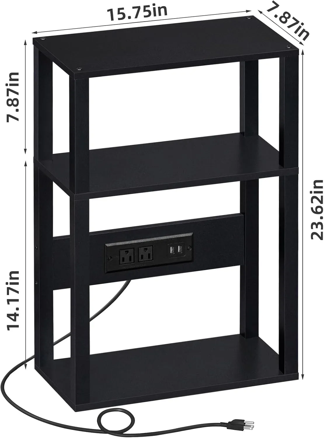 3-Tier Small Narrow Wood Side Table with Charging Station, Skinny Nightstand for Small Space, Slim Bedside Table with Storage for Couch, Thin End Table with USB Ports and Outlets, Black