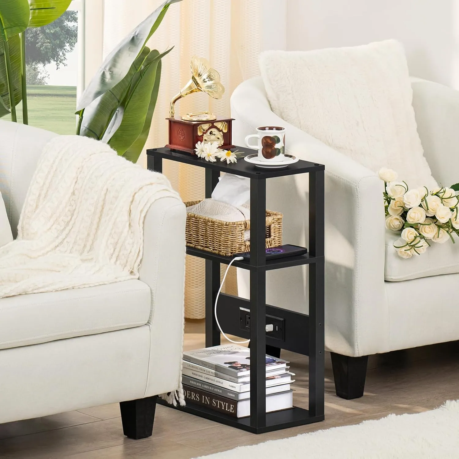 3-Tier Small Narrow Wood Side Table with Charging Station, Skinny Nightstand for Small Space, Slim Bedside Table with Storage for Couch, Thin End Table with USB Ports and Outlets, Black