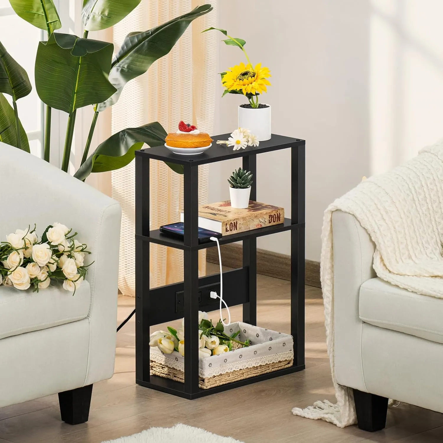 3-Tier Small Narrow Wood Side Table with Charging Station, Skinny Nightstand for Small Space, Slim Bedside Table with Storage for Couch, Thin End Table with USB Ports and Outlets, Black