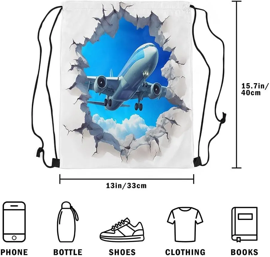3D Airplane Drawstring Backpack 13x15.7, Aviation Aircraft Reversible String Bag, Transportation Plane Sackpack For Sport Gym Camping, Sky Clouds Waterproof Cinch Bags