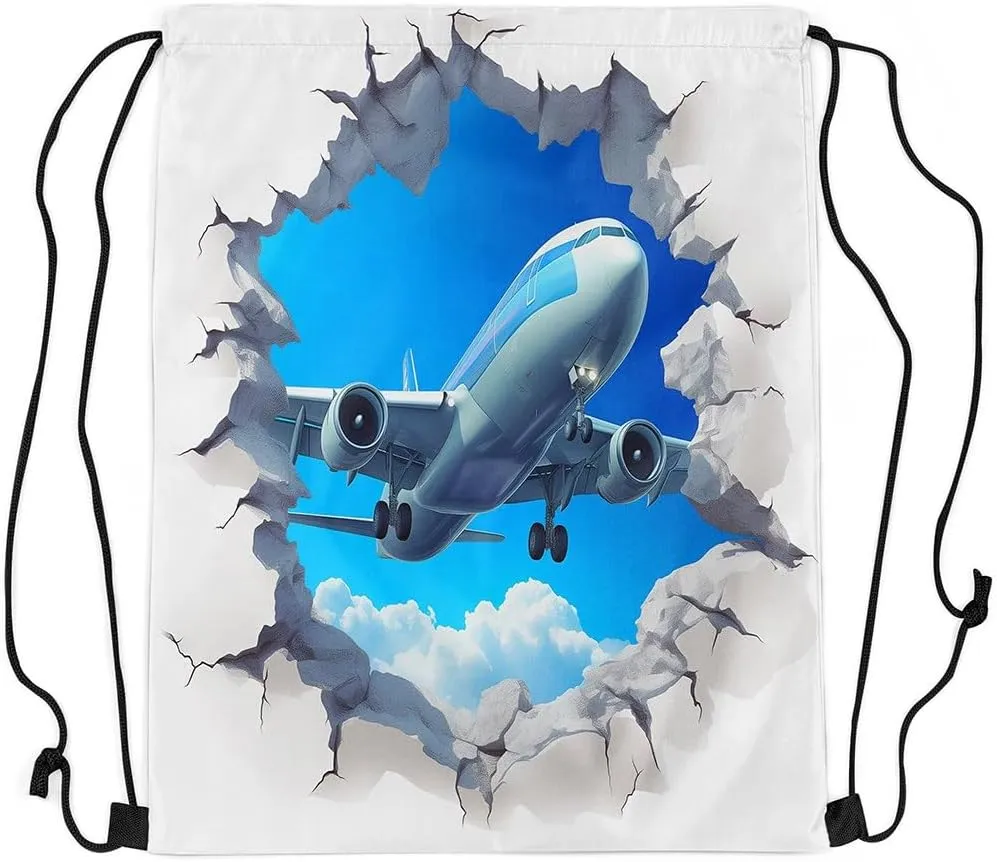 3D Airplane Drawstring Backpack 13x15.7, Aviation Aircraft Reversible String Bag, Transportation Plane Sackpack For Sport Gym Camping, Sky Clouds Waterproof Cinch Bags