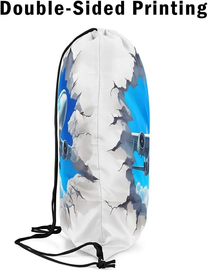 3D Airplane Drawstring Backpack 13x15.7, Aviation Aircraft Reversible String Bag, Transportation Plane Sackpack For Sport Gym Camping, Sky Clouds Waterproof Cinch Bags