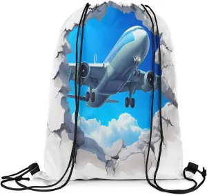 3D Airplane Drawstring Backpack 13x15.7, Aviation Aircraft Reversible String Bag, Transportation Plane Sackpack For Sport Gym Camping, Sky Clouds Waterproof Cinch Bags