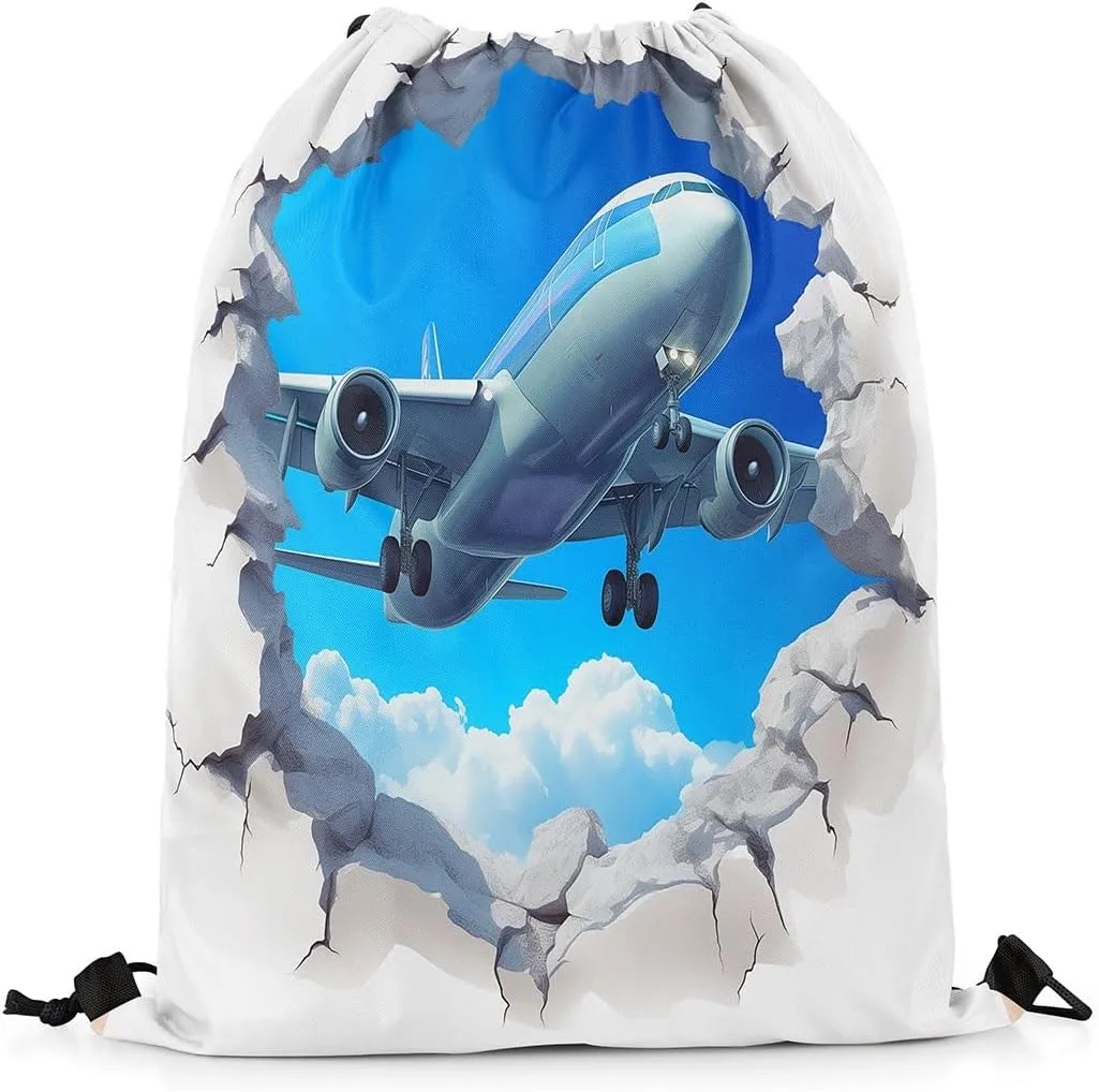 3D Airplane Drawstring Backpack 13x15.7, Aviation Aircraft Reversible String Bag, Transportation Plane Sackpack For Sport Gym Camping, Sky Clouds Waterproof Cinch Bags