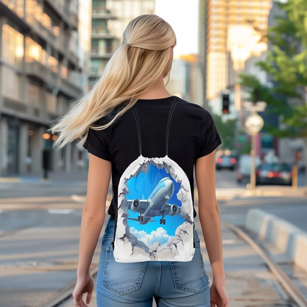 3D Airplane Drawstring Backpack 13x15.7, Aviation Aircraft Reversible String Bag, Transportation Plane Sackpack For Sport Gym Camping, Sky Clouds Waterproof Cinch Bags