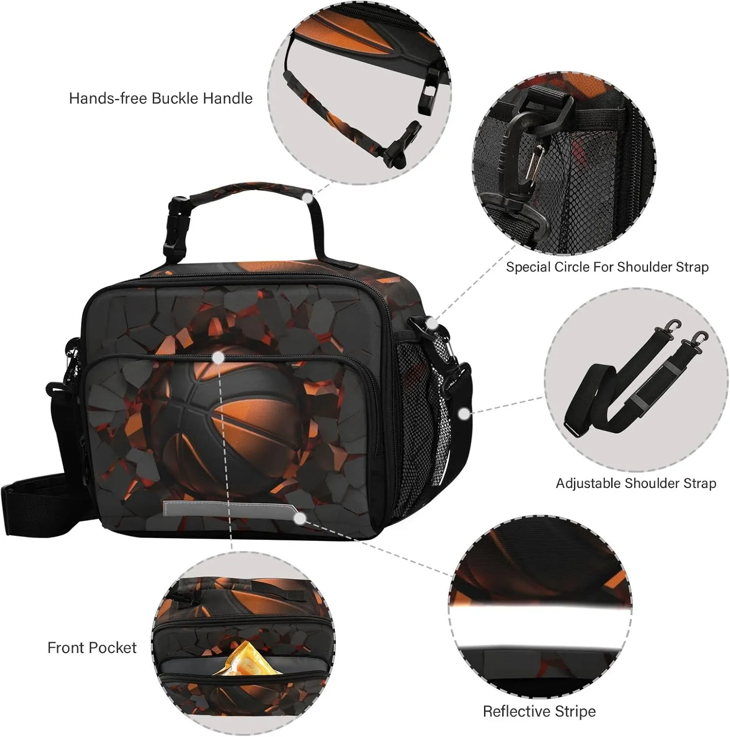 3D Black Basketball Ball on Cracked Wall Insulated Lunch Box Boys Lunch Bag Kids Cooler Tote Girls Shoulder Strap Reusable for Picnic School Travel