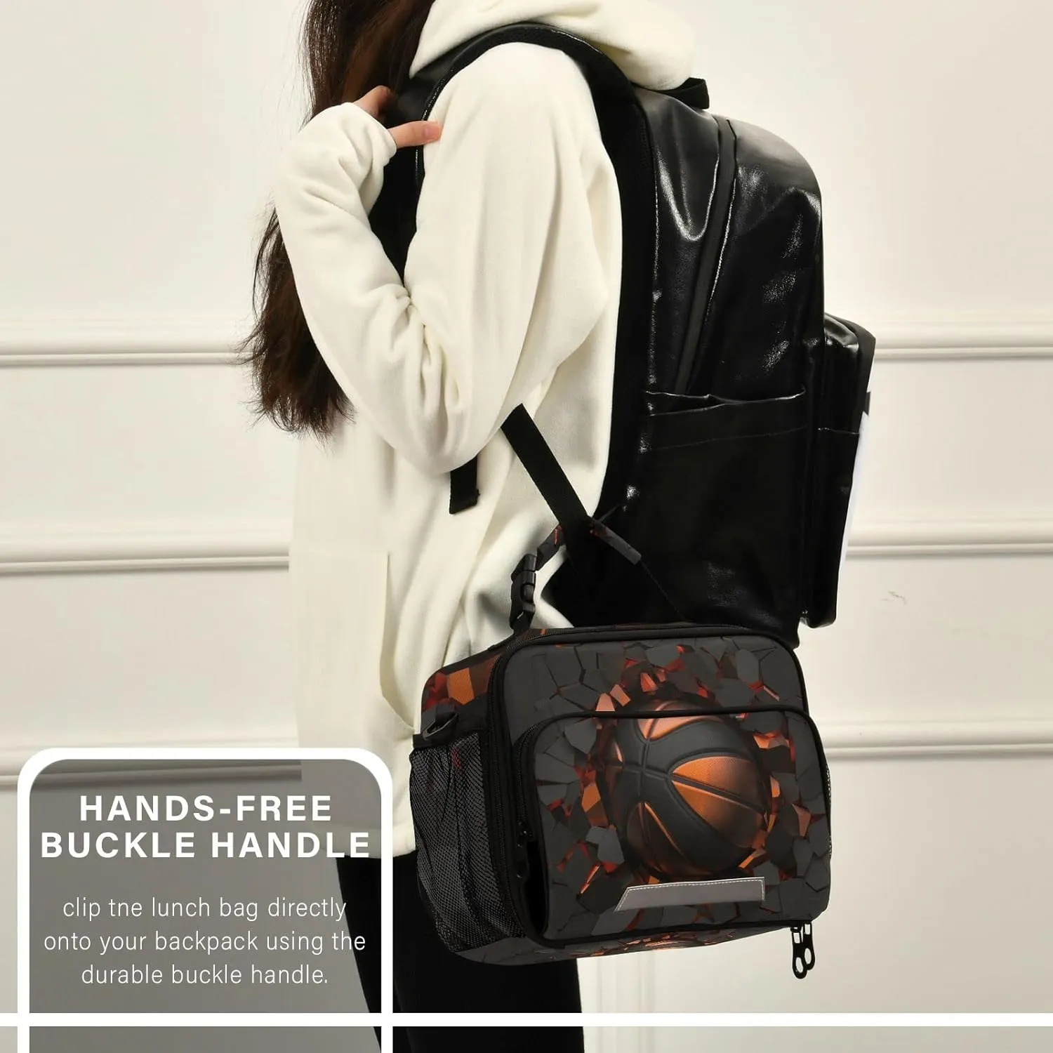 3D Black Basketball Ball on Cracked Wall Insulated Lunch Box Boys Lunch Bag Kids Cooler Tote Girls Shoulder Strap Reusable for Picnic School Travel