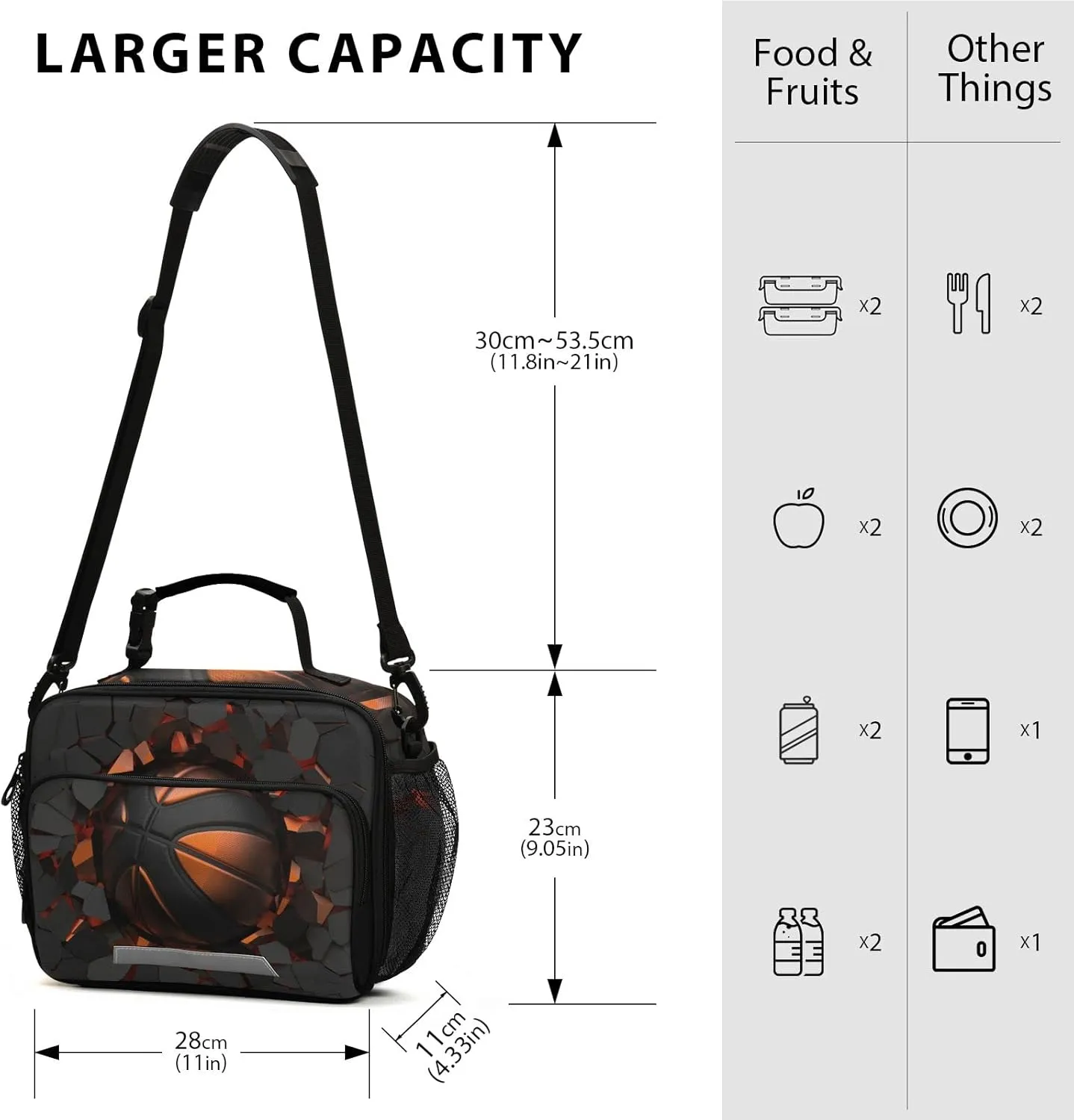 3D Black Basketball Ball on Cracked Wall Insulated Lunch Box Boys Lunch Bag Kids Cooler Tote Girls Shoulder Strap Reusable for Picnic School Travel