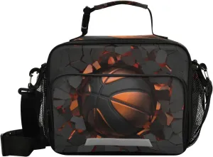 3D Black Basketball Ball on Cracked Wall Insulated Lunch Box Boys Lunch Bag Kids Cooler Tote Girls Shoulder Strap Reusable for Picnic School Travel
