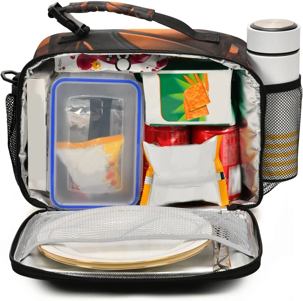 3D Black Basketball Ball on Cracked Wall Insulated Lunch Box Boys Lunch Bag Kids Cooler Tote Girls Shoulder Strap Reusable for Picnic School Travel