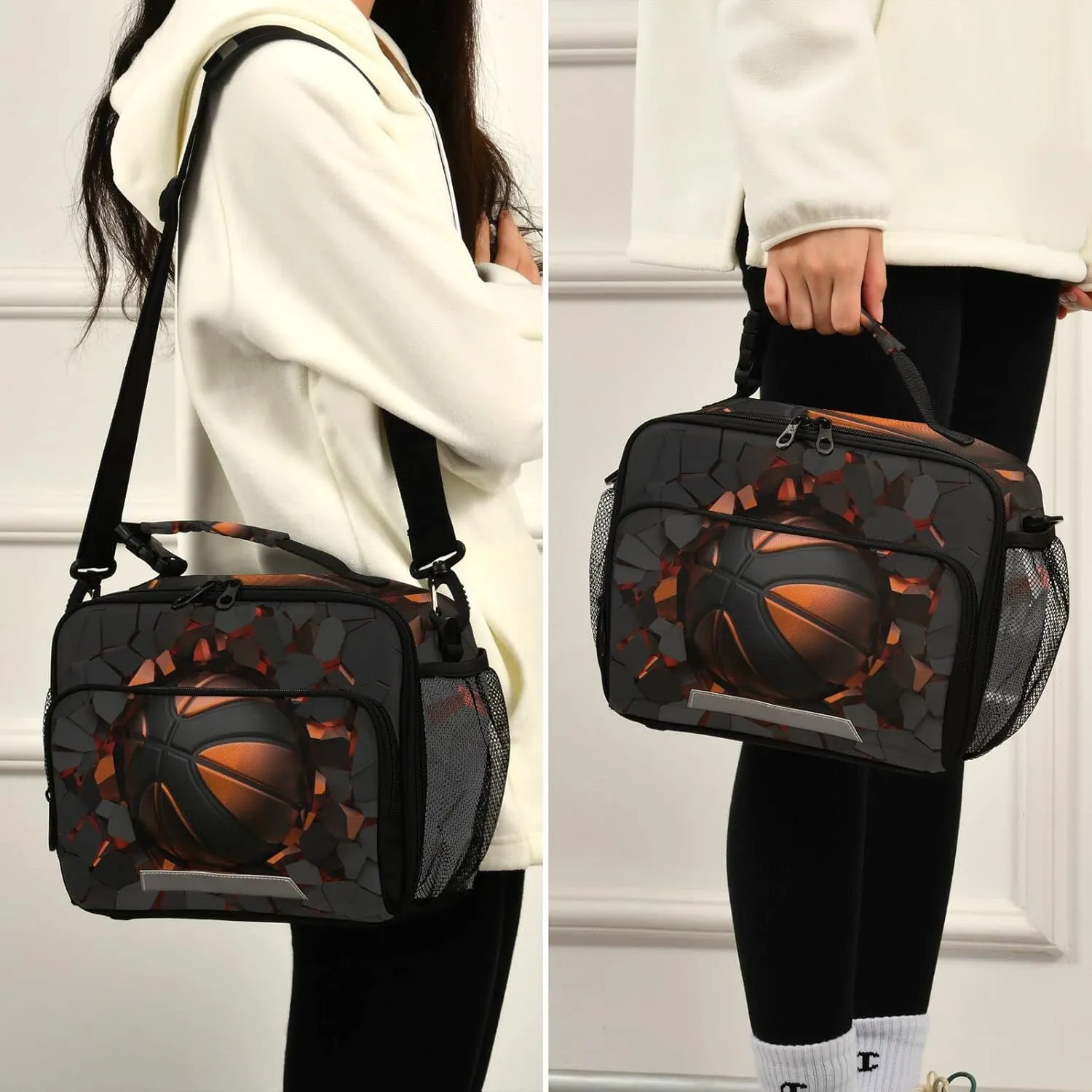 3D Black Basketball Ball on Cracked Wall Insulated Lunch Box Boys Lunch Bag Kids Cooler Tote Girls Shoulder Strap Reusable for Picnic School Travel