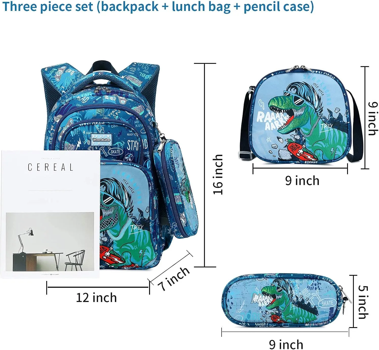 3Pcs Boys Dinosaur Backpack Set with Lunch Box Pencil Case, School Book Bag for Kids Elementary Preschool…