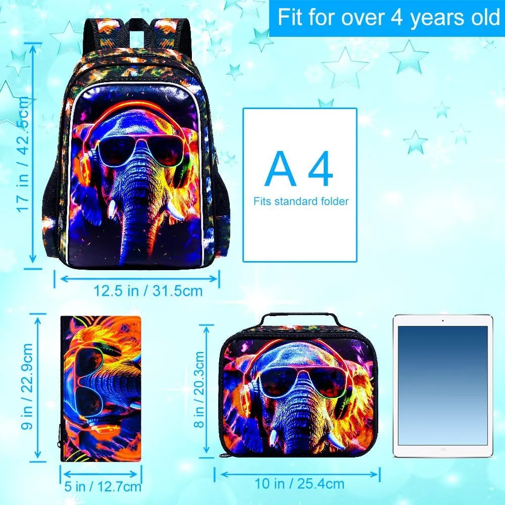 3PCS Boys Elephant Bookbag, Water Resistant Kids Backpack with Lunch Box, 17" School Bag Set for Teenagers Middle Elementary - Sunglasses Elephant
