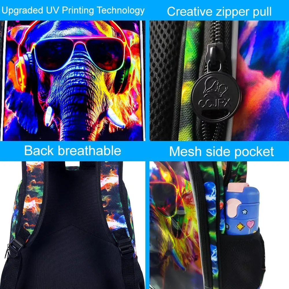 3PCS Boys Elephant Bookbag, Water Resistant Kids Backpack with Lunch Box, 17" School Bag Set for Teenagers Middle Elementary - Sunglasses Elephant