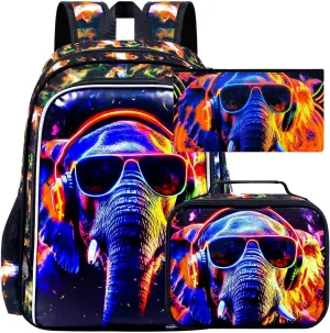 3PCS Boys Elephant Bookbag, Water Resistant Kids Backpack with Lunch Box, 17" School Bag Set for Teenagers Middle Elementary - Sunglasses Elephant