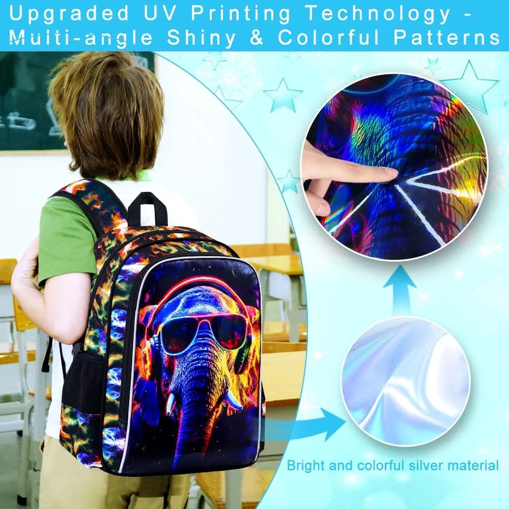 3PCS Boys Elephant Bookbag, Water Resistant Kids Backpack with Lunch Box, 17" School Bag Set for Teenagers Middle Elementary - Sunglasses Elephant