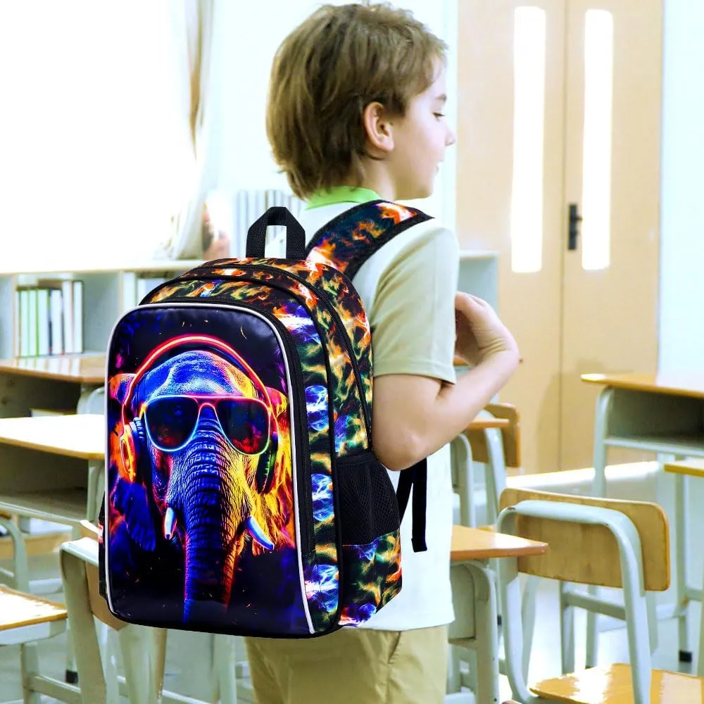 3PCS Boys Elephant Bookbag, Water Resistant Kids Backpack with Lunch Box, 17" School Bag Set for Teenagers Middle Elementary - Sunglasses Elephant