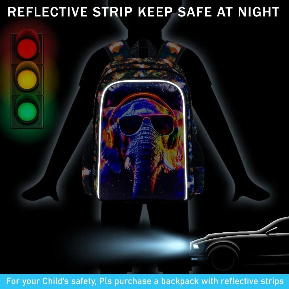 3PCS Boys Elephant Bookbag, Water Resistant Kids Backpack with Lunch Box, 17" School Bag Set for Teenagers Middle Elementary - Sunglasses Elephant