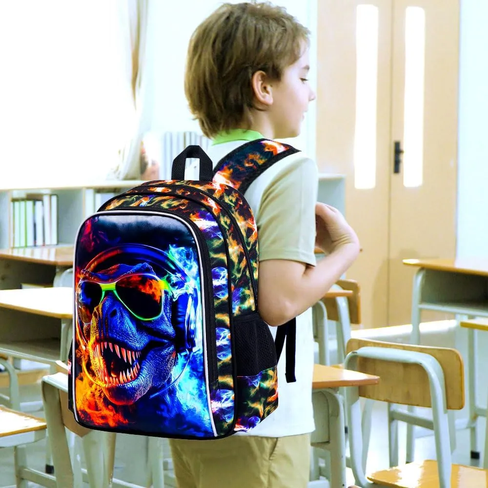 3PCS Dinosaur Backpack for Boys, Water Resistant Kids Bookbag with Lunch Box, 17" School Bag Set for Teenagers Middle Elementary - Sunglasses Dinosaur