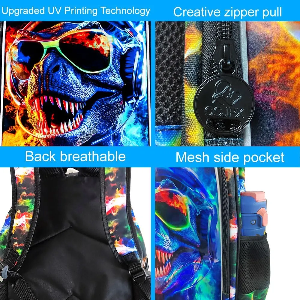 3PCS Dinosaur Backpack for Boys, Water Resistant Kids Bookbag with Lunch Box, 17" School Bag Set for Teenagers Middle Elementary - Sunglasses Dinosaur