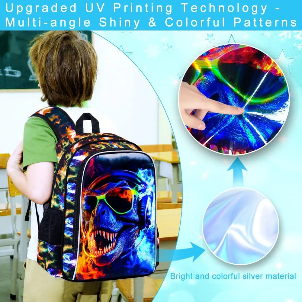 3PCS Dinosaur Backpack for Boys, Water Resistant Kids Bookbag with Lunch Box, 17" School Bag Set for Teenagers Middle Elementary - Sunglasses Dinosaur