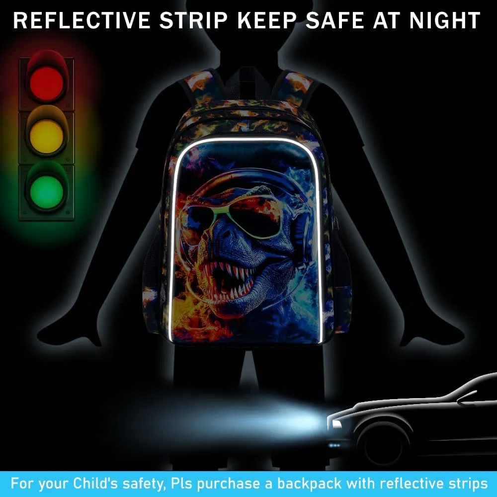 3PCS Dinosaur Backpack for Boys, Water Resistant Kids Bookbag with Lunch Box, 17" School Bag Set for Teenagers Middle Elementary - Sunglasses Dinosaur