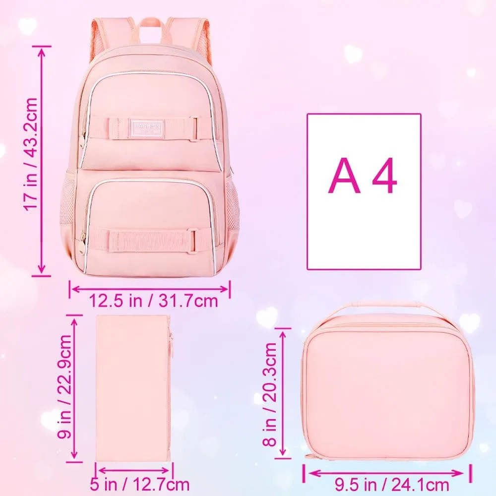 3PCS Girls Backpack, 17" Water Resistant School Bag with Lunch Box, Cute Pink Bookbag Set for Women College Teenagers High Middle Elementary