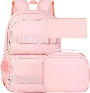 3PCS Girls Backpack, 17" Water Resistant School Bag with Lunch Box, Cute Pink Bookbag Set for Women College Teenagers High Middle Elementary