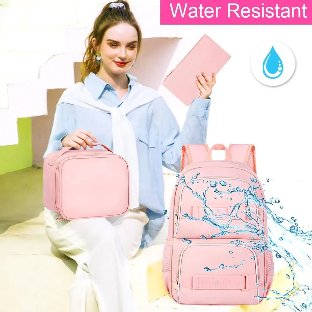 3PCS Girls Backpack, 17" Water Resistant School Bag with Lunch Box, Cute Pink Bookbag Set for Women College Teenagers High Middle Elementary