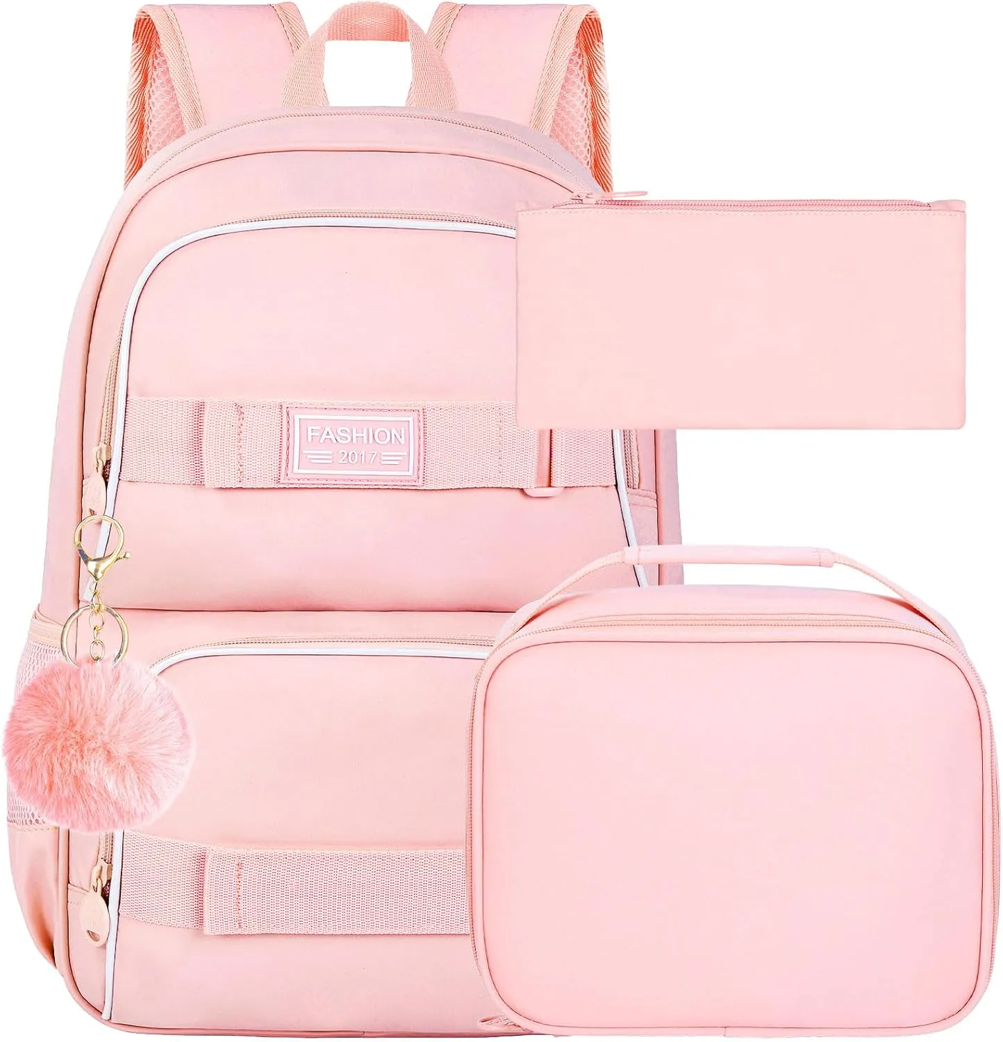 3PCS Girls Backpack, 17" Water Resistant School Bag with Lunch Box, Cute Pink Bookbag Set for Women College Teenagers High Middle Elementary