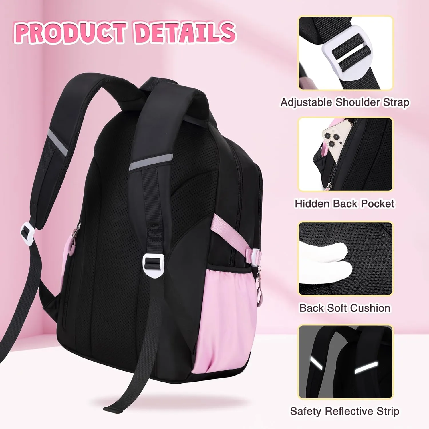 3PCS Girls Backpack for School, Kids Backpack for Girls with Lunch Box Pencil Case Set for Teen Girl Elementary Primary Middle High College School Bookbag with Cute Pins (Black-Pink)
