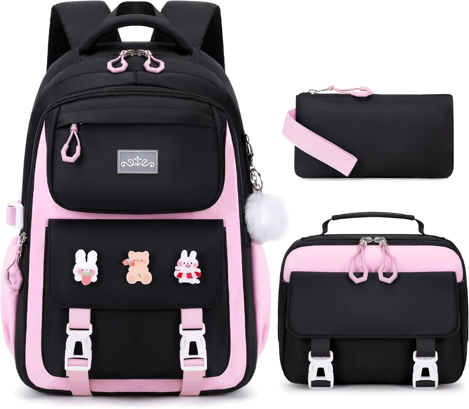 3PCS Girls Backpack for School, Kids Backpack for Girls with Lunch Box Pencil Case Set for Teen Girl Elementary Primary Middle High College School Bookbag with Cute Pins (Black-Pink)