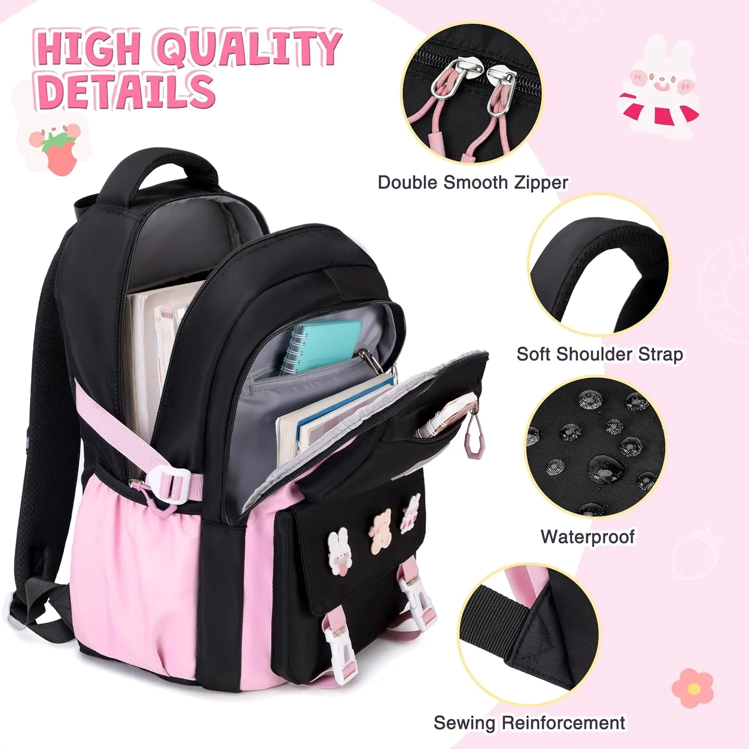 3PCS Girls Backpack for School, Kids Backpack for Girls with Lunch Box Pencil Case Set for Teen Girl Elementary Primary Middle High College School Bookbag with Cute Pins (Black-Pink)