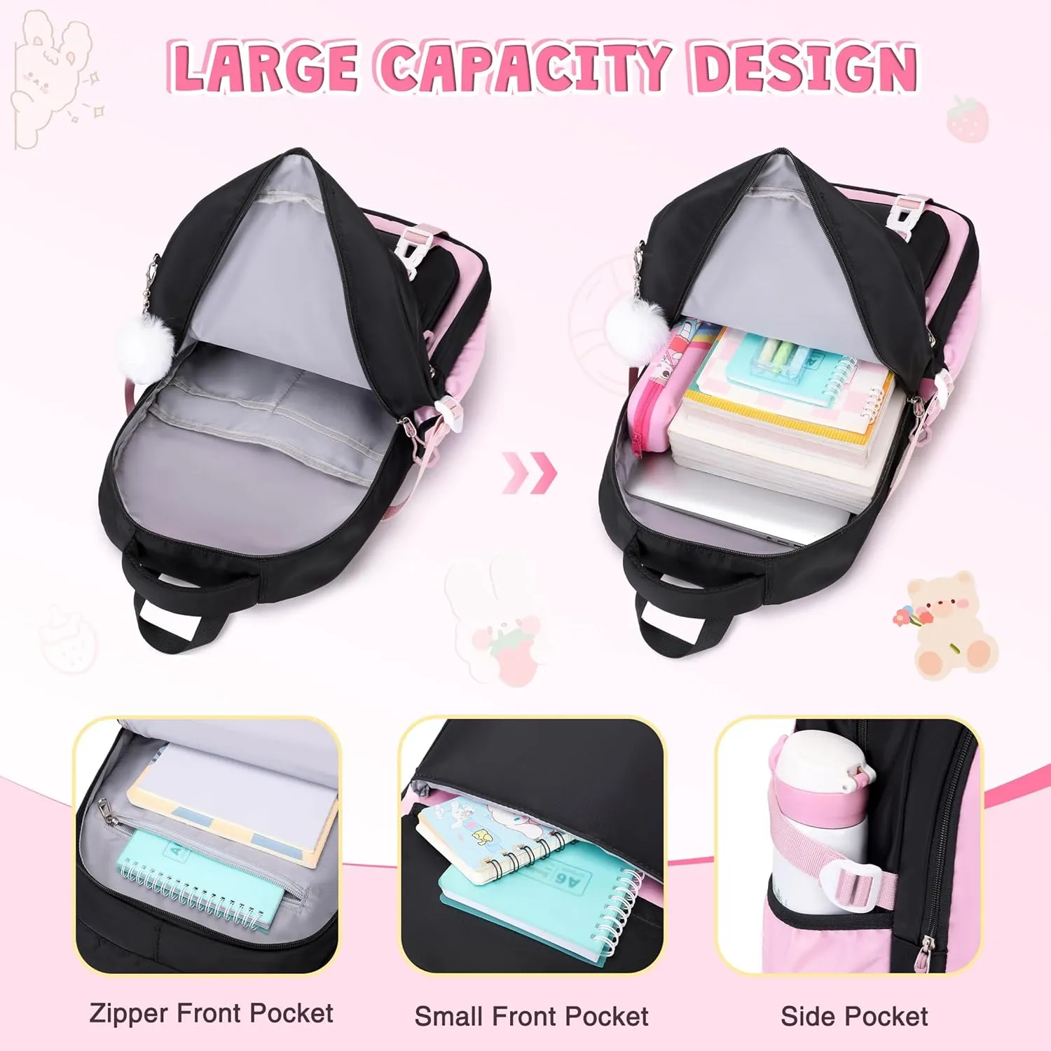 3PCS Girls Backpack for School, Kids Backpack for Girls with Lunch Box Pencil Case Set for Teen Girl Elementary Primary Middle High College School Bookbag with Cute Pins (Black-Pink)