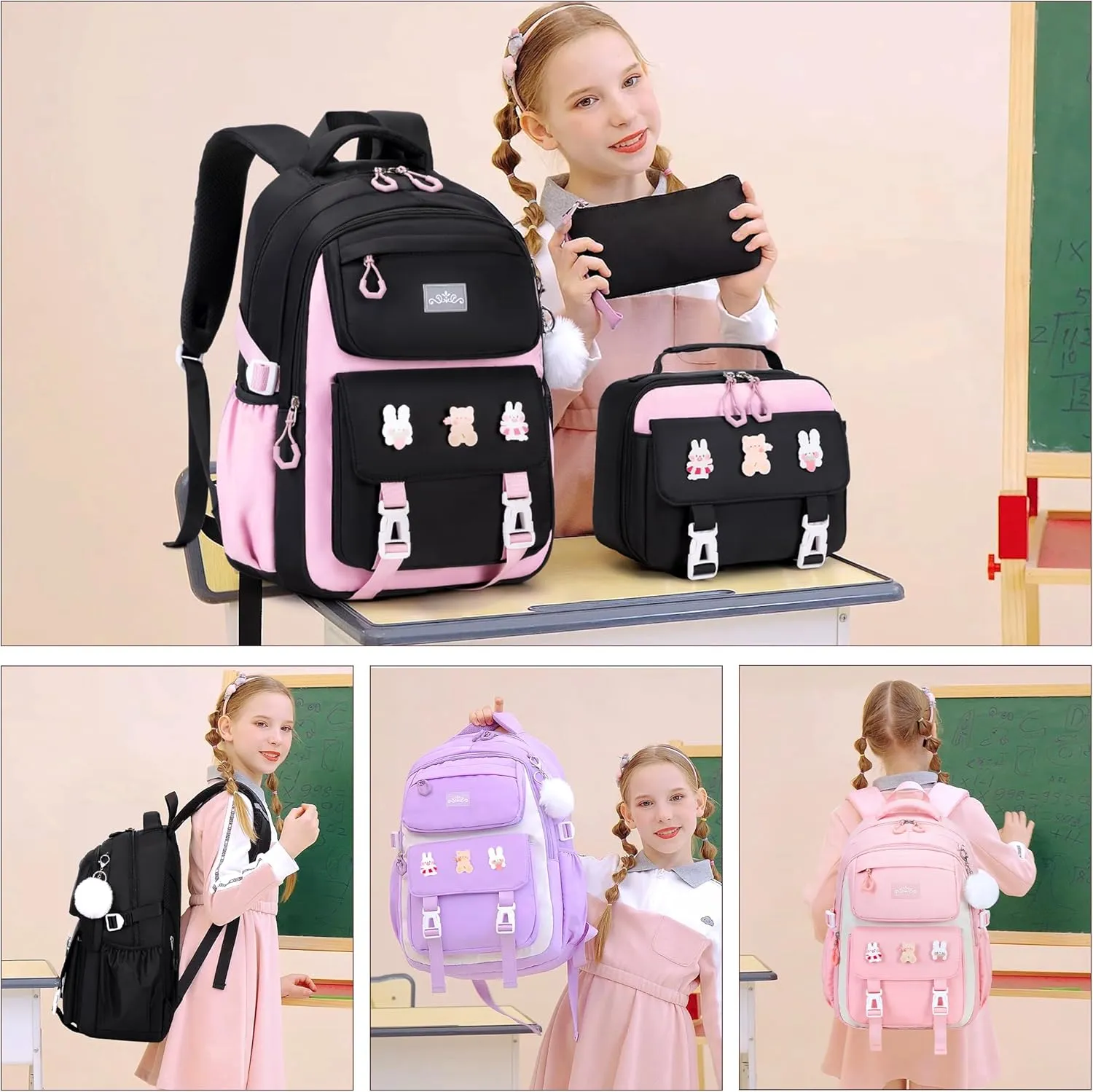 3PCS Girls Backpack for School, Kids Backpack for Girls with Lunch Box Pencil Case Set for Teen Girl Elementary Primary Middle High College School Bookbag with Cute Pins (Black-Pink)